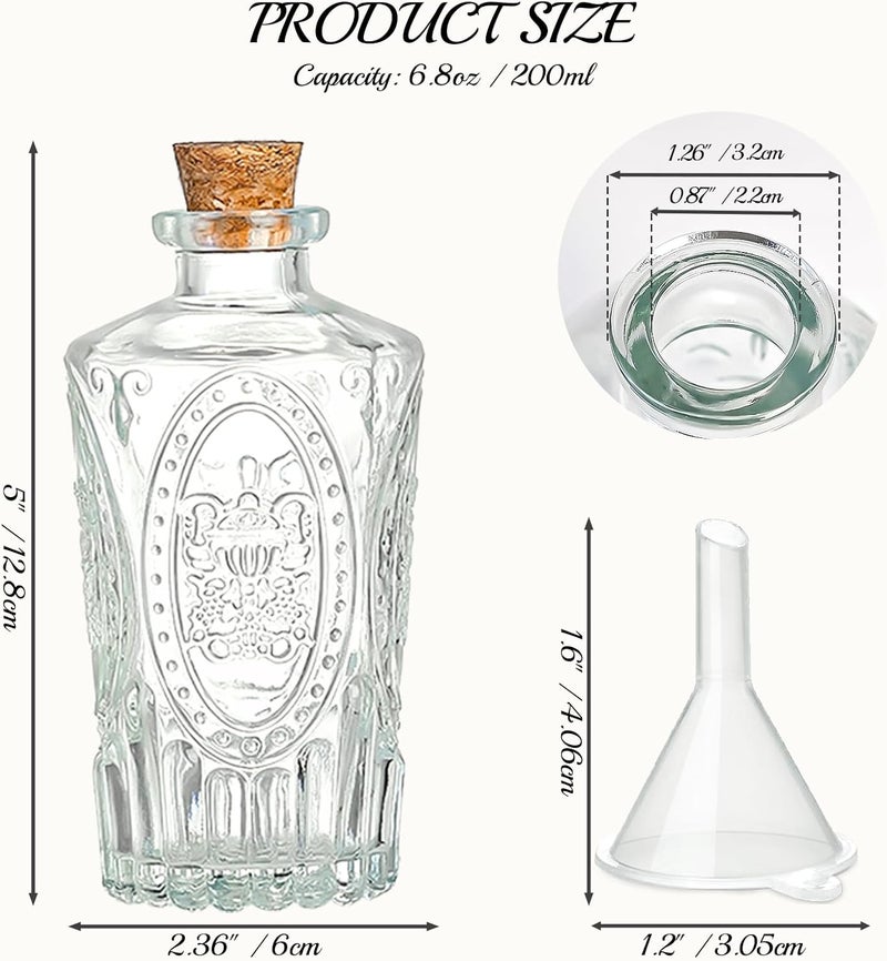 TBWIND 12 Pack 6oz Glass Bottles with Cork Stoppers, 200ml Clear Glass Liquor Bottles with 4 Vintage Patterns, Refillable Whiskey Bottles for Wine, Oil, Vinegar, Kombucha, Wedding Favors - Image 2